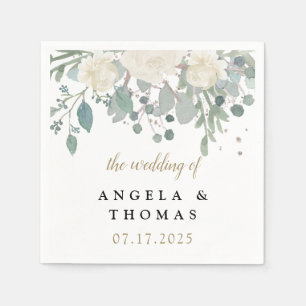 Winter Roses White Gold Floral Wedding Napkin