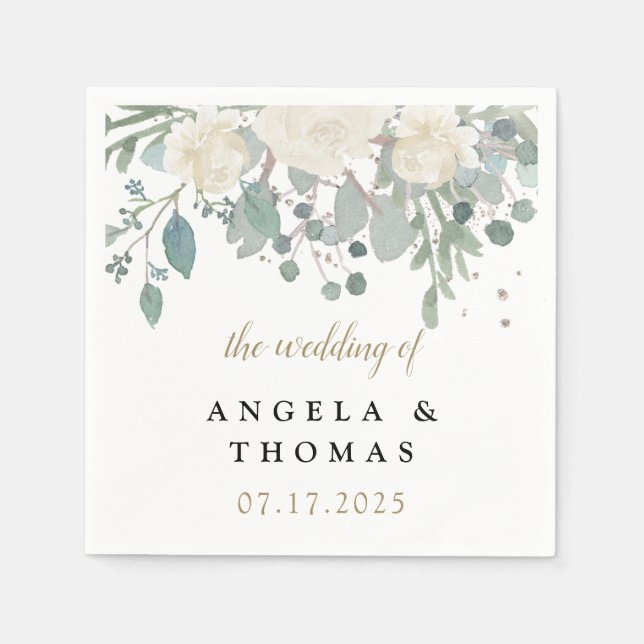 Winter Roses White Gold Floral Wedding Napkin (Front)