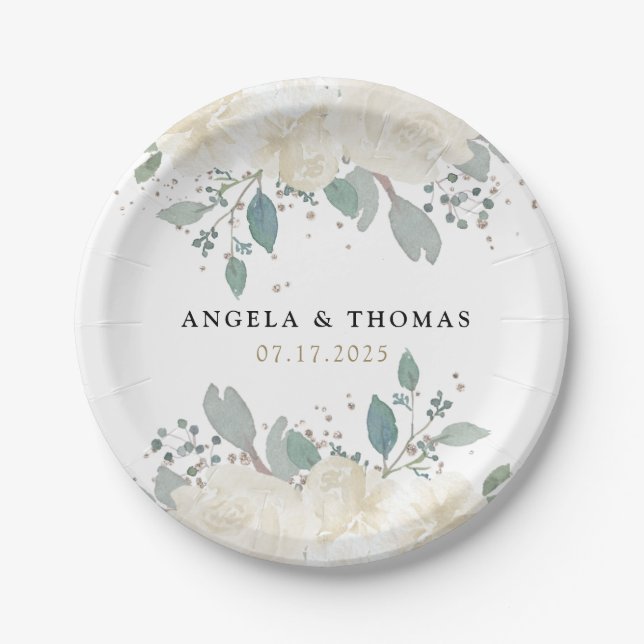 Winter Roses White Gold Floral Wedding Paper Plate (Front)