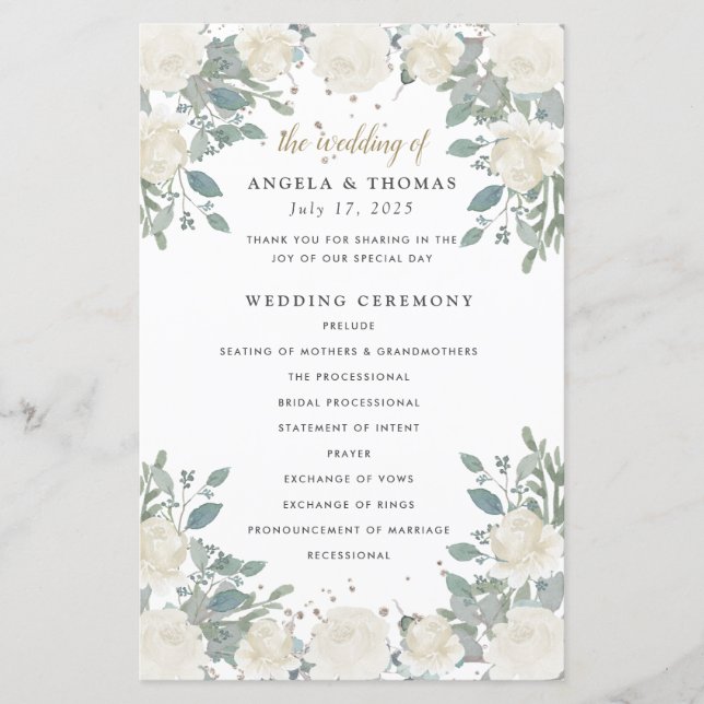 Winter Roses White Gold Floral Wedding Program (Front)