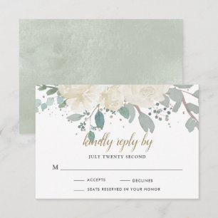 Winter Roses White Gold Floral Wedding RSVP Card