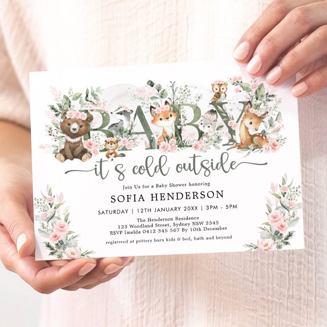 Winter Roses Woodland Animals Girl Baby Shower Invitation (Creator Uploaded)