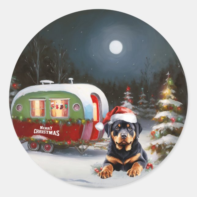 Winter Rottweiler Caravan Christmas Adventure Classic Round Sticker (Front)