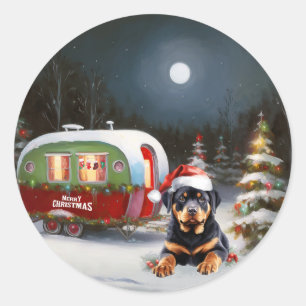 Winter Rottweiler Caravan Christmas Adventure Classic Round Sticker