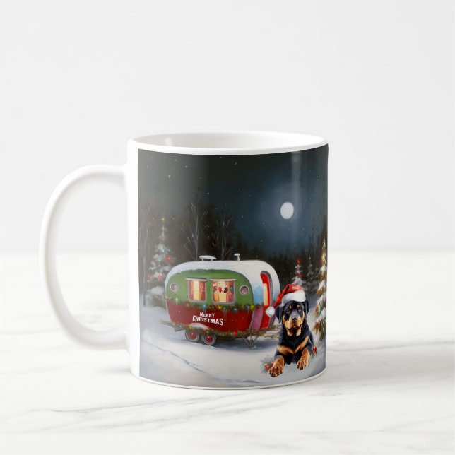 Winter Rottweiler Caravan Christmas Adventure Coffee Mug (Left)