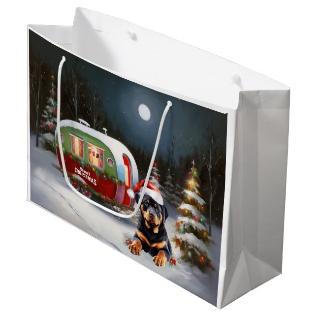 Winter Rottweiler Caravan Christmas Adventure Large Gift Bag (Front Angled)
