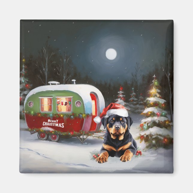 Winter Rottweiler Caravan Christmas Adventure Magnet (Front)