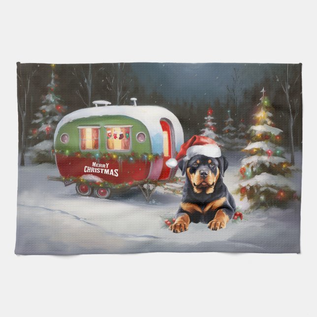 Winter Rottweiler Caravan Christmas Adventure Tea Towel (Horizontal)
