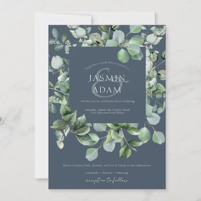 Winter Royal Blue Eucalyptus Photo Wedding Invitation (Front)