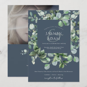 Winter Royal Blue Eucalyptus Photo Wedding Invitation