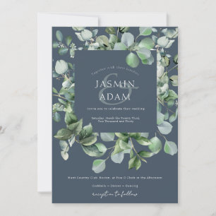 Winter Royal Blue Eucalyptus Photo Wedding Invitation