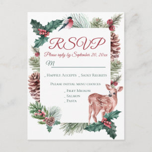 Winter RSVP Deer Floral Christmas Red Wedding Invitation Postcard