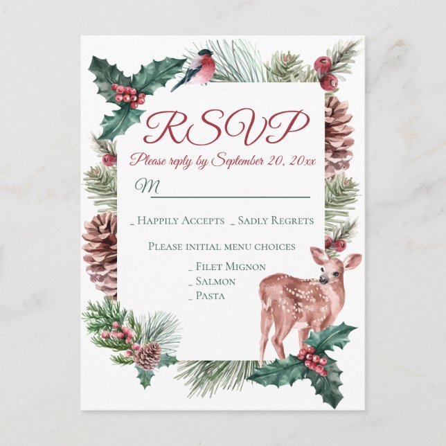 Winter RSVP Deer Floral Christmas Red Wedding Invitation Postcard (Front)