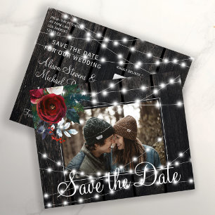Winter rustic barn wood photo save date wedding announcement postcard