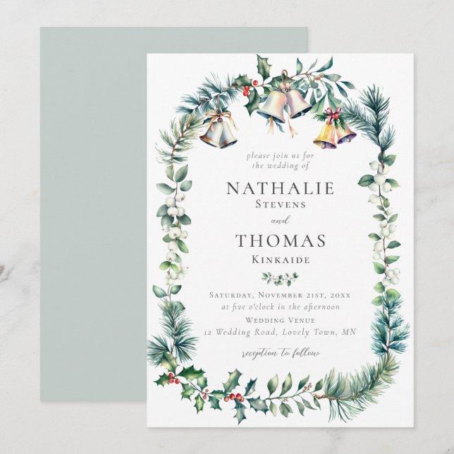 Winter Rustic Botanical Wreath Bells Pine Wedding Invitation (Front/Back)