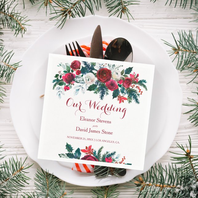 Winter rustic burgundy pine green floral wedding napkin (Creator Uploaded)