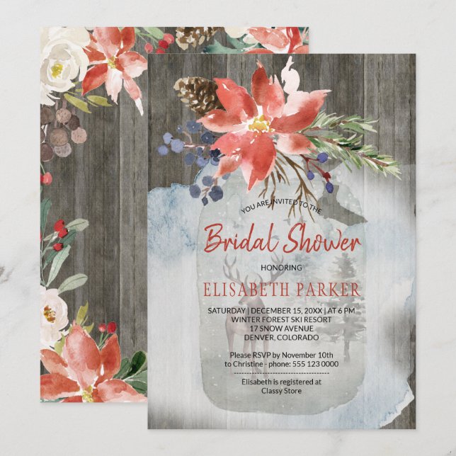 Winter Rustic Floral Barn Wood Bridal Shower Invitation (Front/Back)