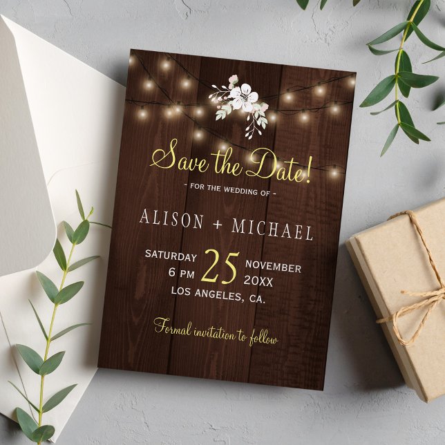 Winter Rustic Floral Wedding | Barn Wood Lights Save The Date (Creator Uploaded)