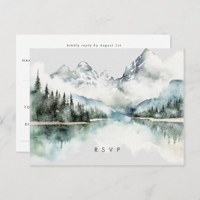 winter rustic forest lake wedding rsvp postcard (Front/Back)