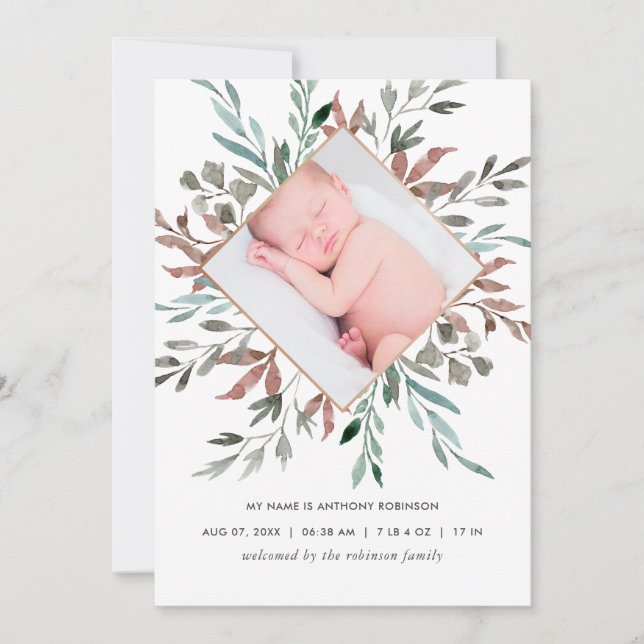 Winter Rustic Greenery Birth Announcement Card (Front)