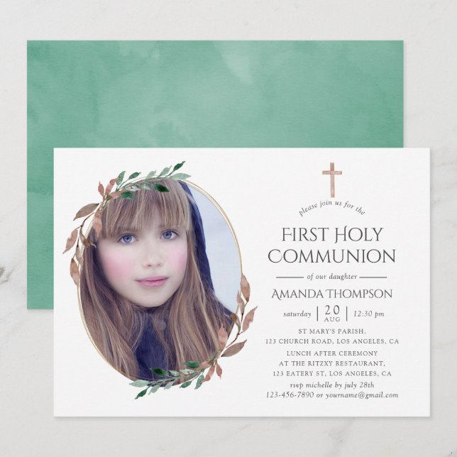 Winter Rustic Greenery First Holy Communion Invitation (Front/Back)