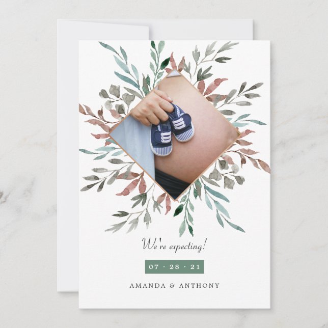 Winter Rustic Greenery Photo Pregnancy Announcement (Front)