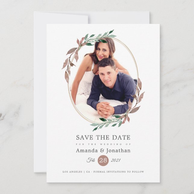 Winter Rustic Greenery Photo Wedding Save The Date (Front)
