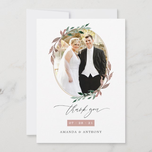 Winter Rustic Greenery Wedding Photo Collage Thank You Card (Front)