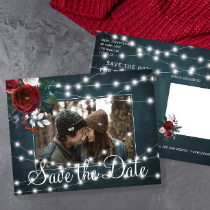Winter rustic light string photo save date wedding announcement postcard