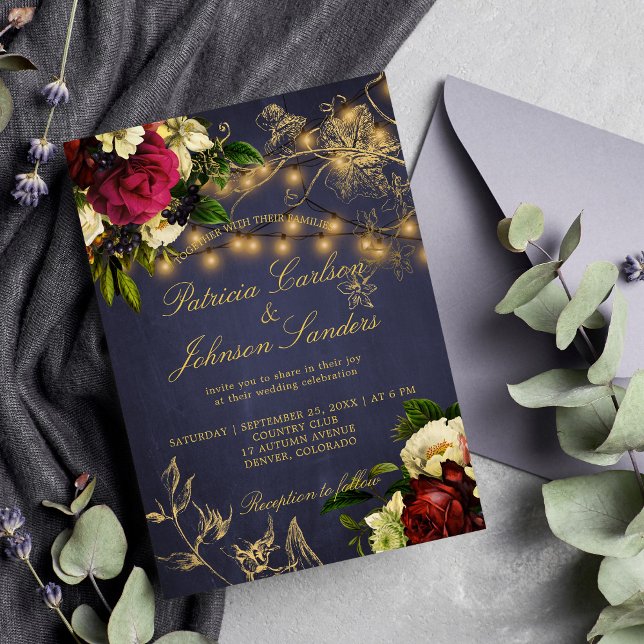 Winter rustic lights floral navy burgundy wedding invitation (Creator Uploaded)