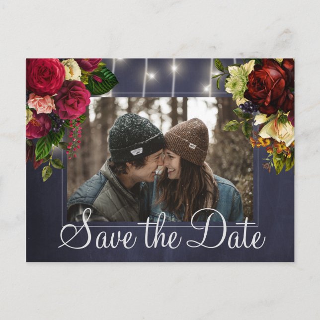 Winter rustic lights wedding photo save the date announcement postcard (Front)