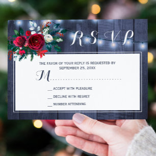 Winter rustic navy burgundy floral wedding  RSVP card