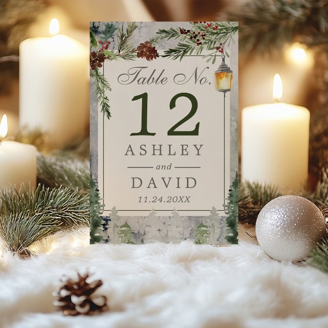 Winter Rustic Pine Chic Botanical Lantern Wedding Table Number (Creator Uploaded)