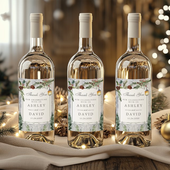 Winter Rustic Pine Chic Botanical Lantern Wedding Wine Label (Creator Uploaded)
