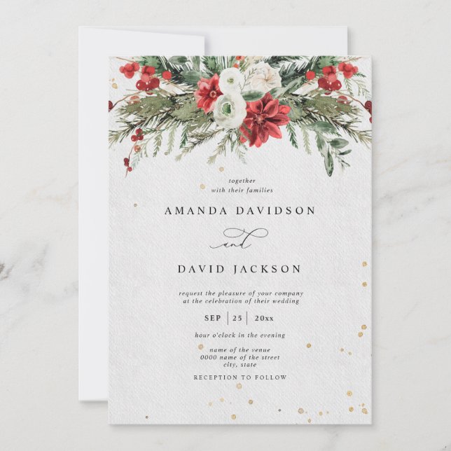Winter Rustic Pine Greenery Red Berries Wedding Invitation (Front)