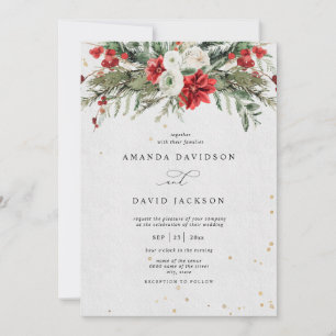 Winter Rustic Pine Greenery Red Berries Wedding Invitation