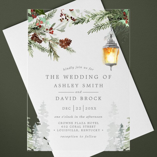 Winter Rustic Pine Trees Botanical Lantern Wedding Acrylic Invitations (Creator Uploaded)