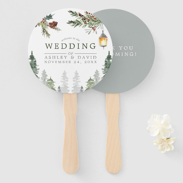 Winter Rustic Pine Trees Botanical Lantern Wedding Hand Fan (Front and Back)