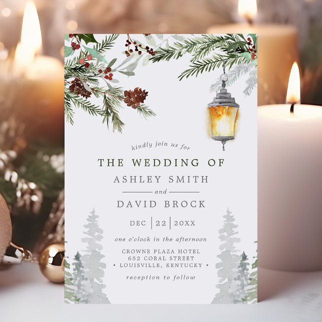 Winter Rustic Pine Trees Botanical Lantern Wedding Invitation (Creator Uploaded)