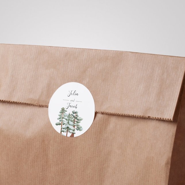 Winter Rustic Pine Trees Lantern Botanical Wedding Classic Round Sticker (Winter Rustic Pine Trees Lantern Botanical Wedding Party Supplies)