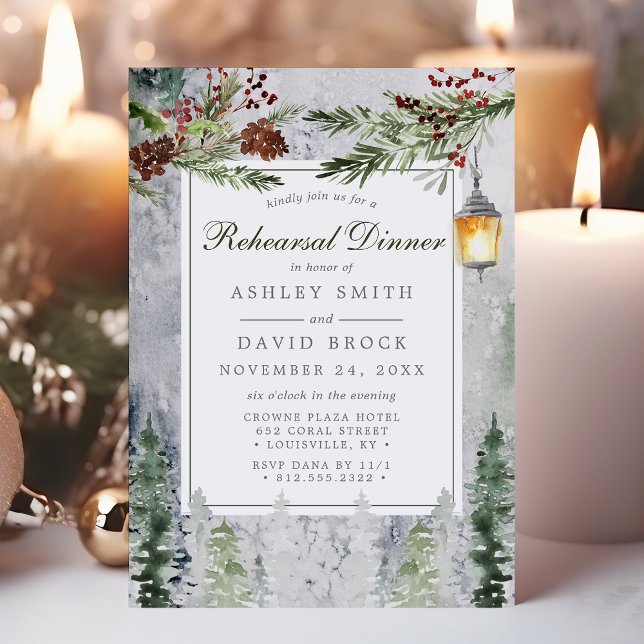 Winter Rustic Pine Trees Lantern Rehearsal Dinner Invitation (Creator Uploaded)