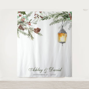 Winter Rustic Pine Trees Lantern Wedding Photo Tapestry