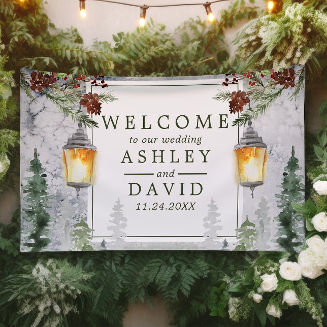 Winter Rustic Pine Trees Lantern Wedding Welcome Banner (Creator Uploaded)