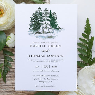 Winter Rustic Watercolor Green Pine trees wedding Invitation