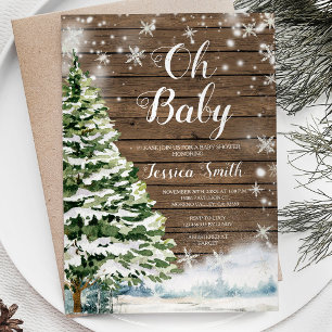 Winter Rustic Wood Evergreen Christmas Baby Shower Invitation