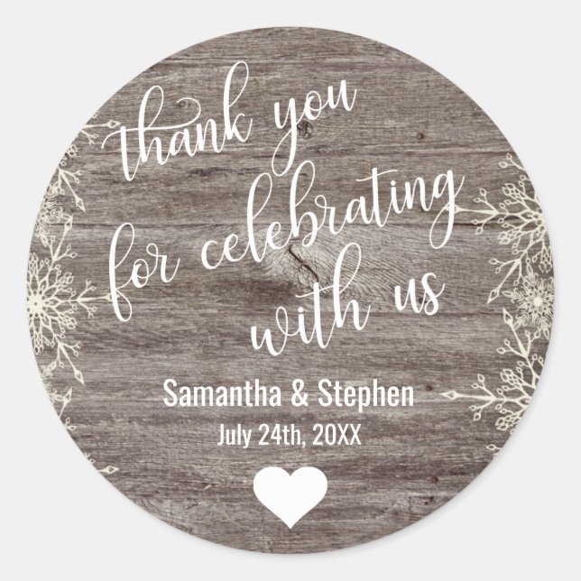 Winter Rustic Wood Heart Thank You Wedding Classic Round Sticker (Front)