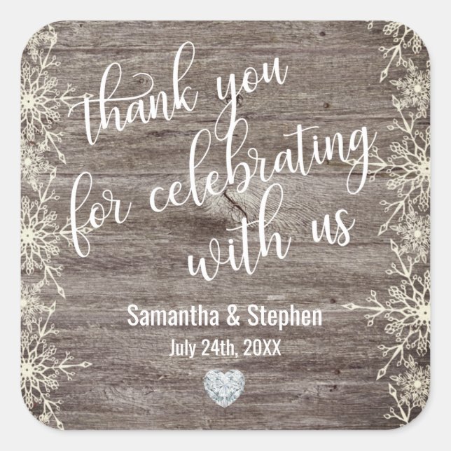 Winter Rustic Wood Heart Thank You Wedding Square Sticker (Front)
