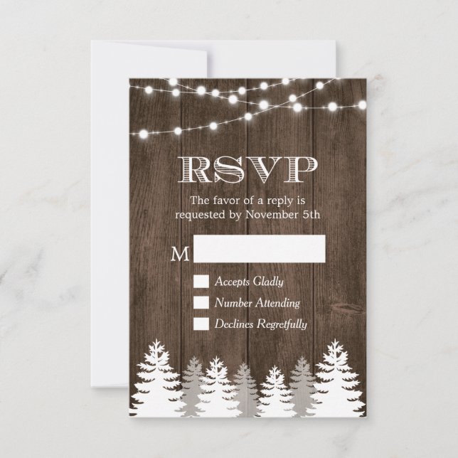 Winter Rustic Wood String Lights Pine Tree RSVP Card (Front)