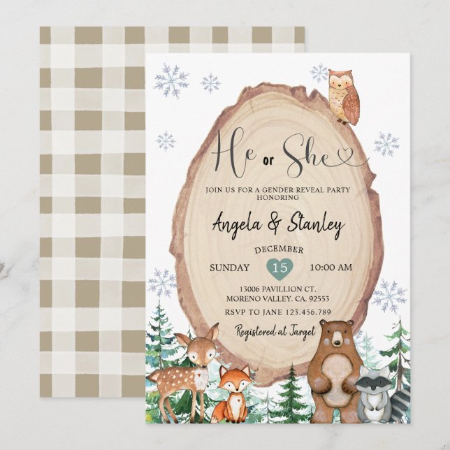 Winter Rustic Woodland He or She Gender Reveal  Invitation (Front/Back)