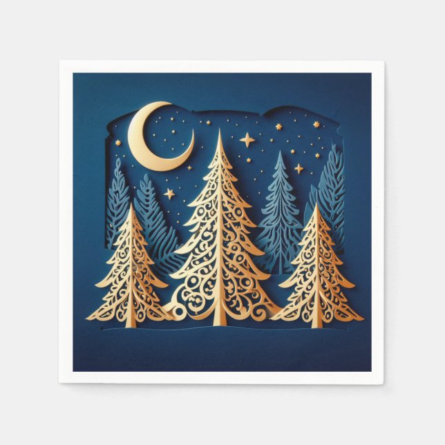 Winter’s Gold Papercut – Christmas Trees Scene Napkin (Front)